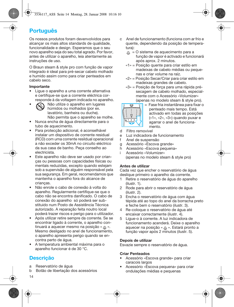 Português, Descrição | Braun ASS1000 Steam & Style Pro User Manual | Page 13 / 58