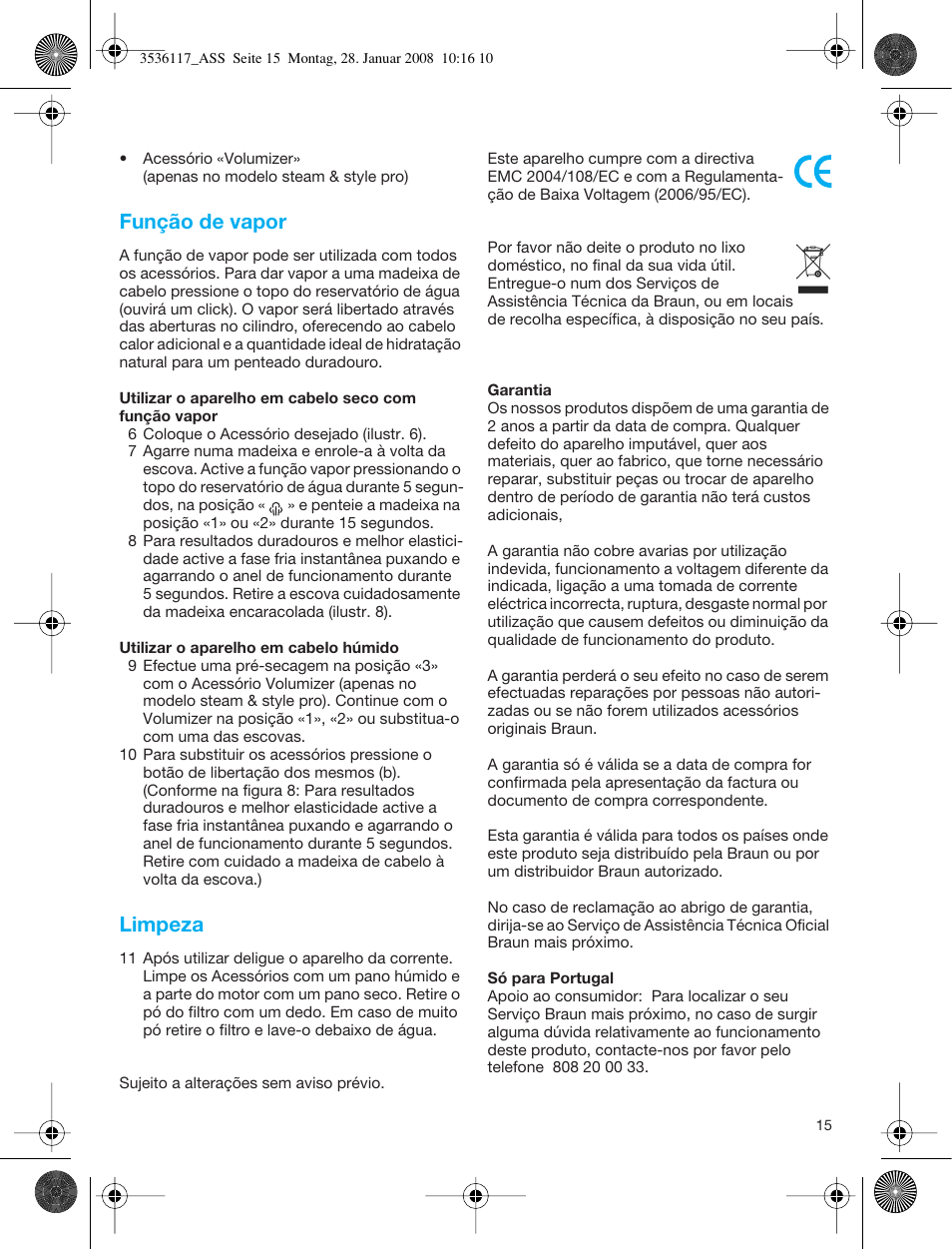 Função de vapor, Limpeza | Braun ASS1000 Steam & Style Pro User Manual | Page 14 / 58