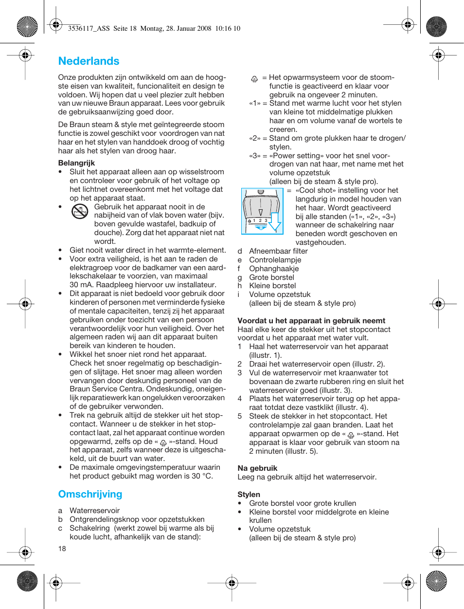 Nederlands, Omschrijving | Braun ASS1000 Steam & Style Pro User Manual | Page 17 / 58