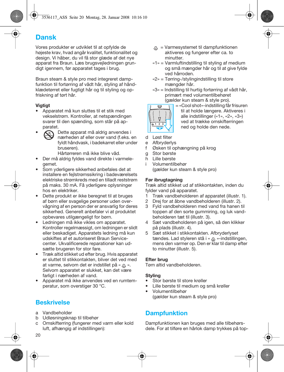 Dansk, Beskrivelse, Dampfunktion | Braun ASS1000 Steam & Style Pro User Manual | Page 19 / 58