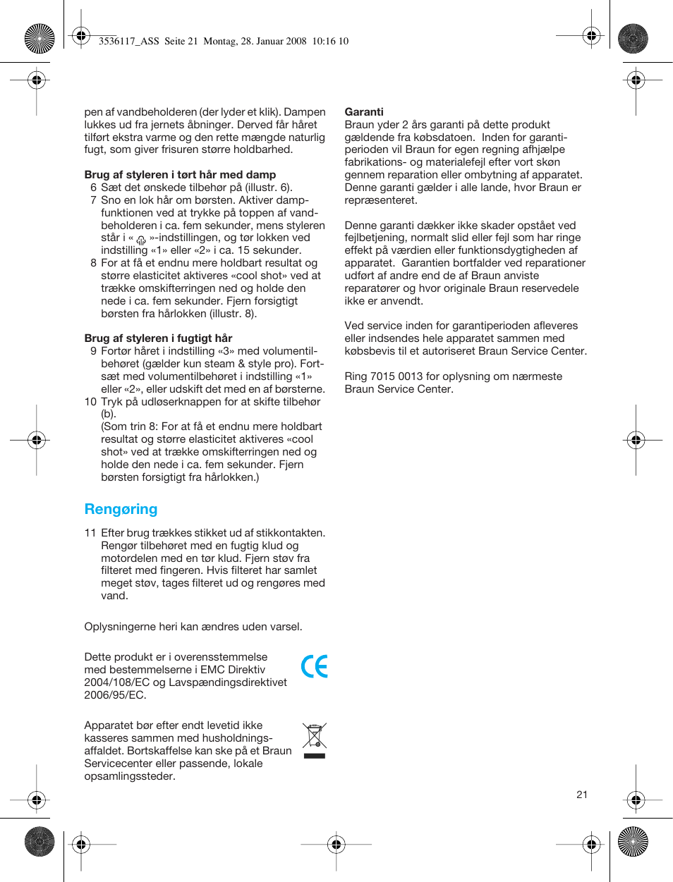 Rengøring | Braun ASS1000 Steam & Style Pro User Manual | Page 20 / 58