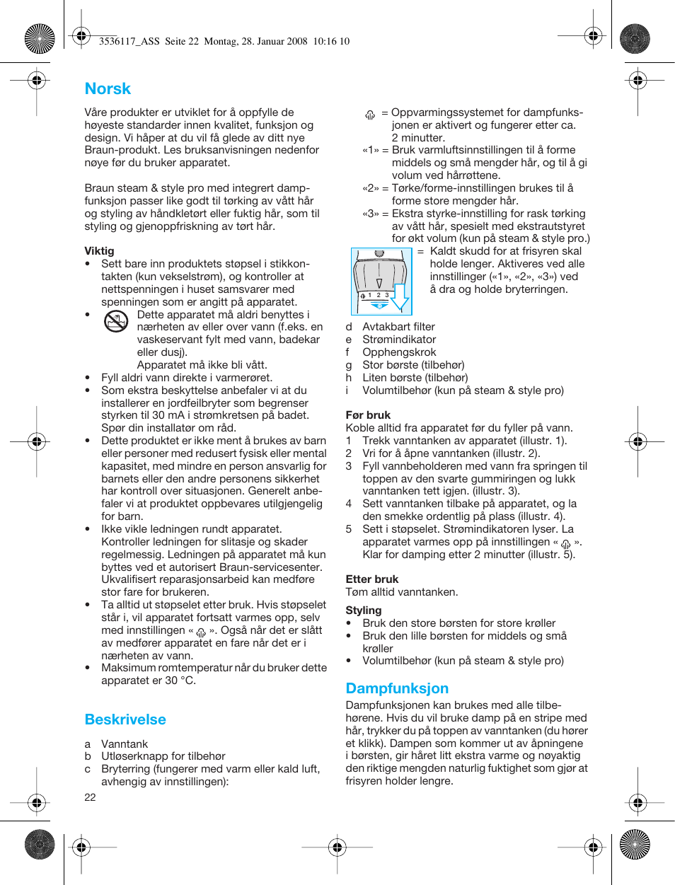 Norsk, Beskrivelse, Dampfunksjon | Braun ASS1000 Steam & Style Pro User Manual | Page 21 / 58