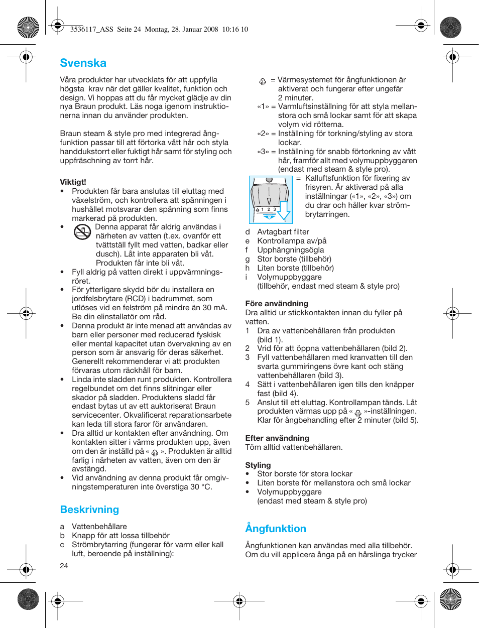 Svenska, Beskrivning, Ångfunktion | Braun ASS1000 Steam & Style Pro User Manual | Page 23 / 58