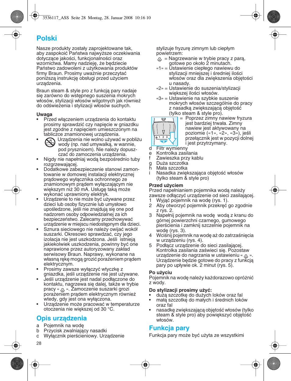 Polski, Opis urzàdzenia, Funkcja pary | Braun ASS1000 Steam & Style Pro User Manual | Page 27 / 58