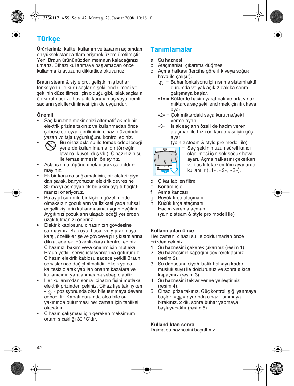 Türkçe, Tan∂mlamalar | Braun ASS1000 Steam & Style Pro User Manual | Page 41 / 58