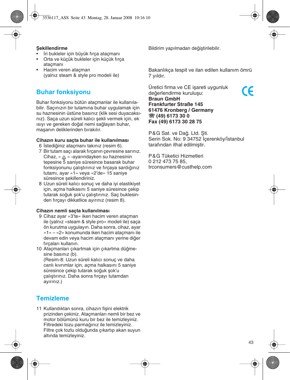 Buhar fonksiyonu, Temizleme | Braun ASS1000 Steam & Style Pro User Manual | Page 42 / 58