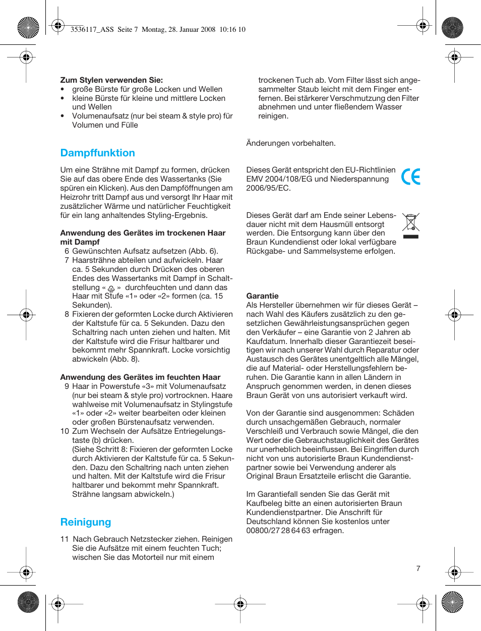 Dampffunktion, Reinigung | Braun ASS1000 Steam & Style Pro User Manual | Page 6 / 58