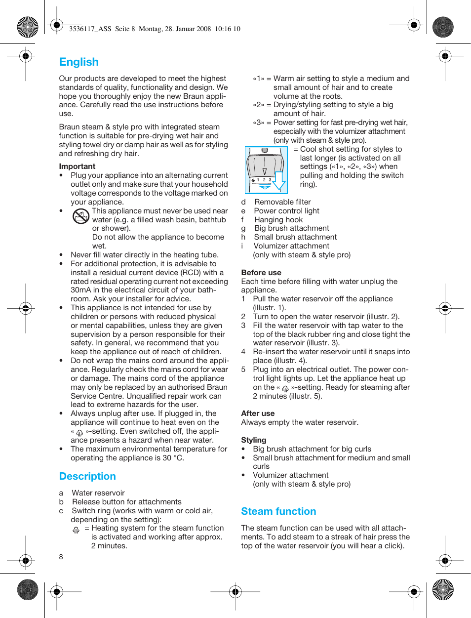 English, Description, Steam function | Braun ASS1000 Steam & Style Pro User Manual | Page 7 / 58