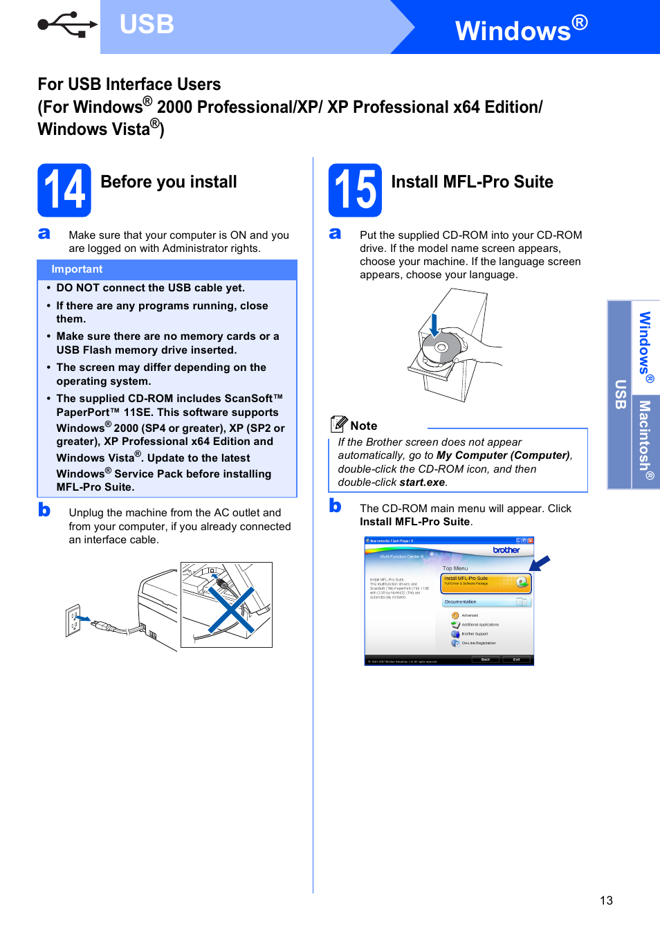 14 before you install, 15 install mfl-pro suite, Windows | Brother MFC-290C User Manual | Page 13 / 22