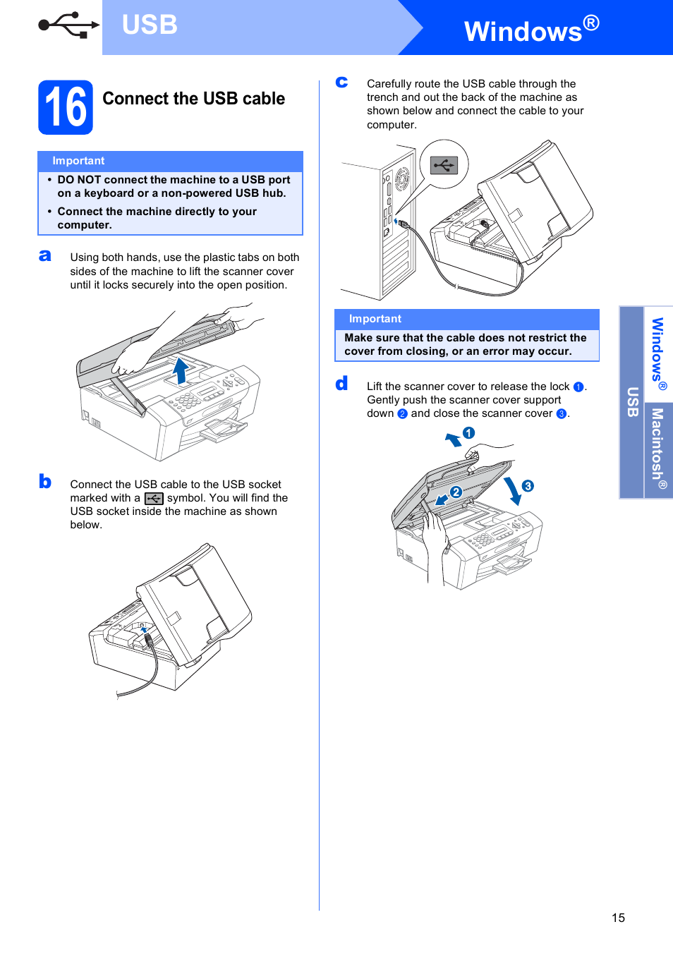 16 connect the usb cable, Windows, Connect the usb cable | Brother MFC-290C User Manual | Page 15 / 22