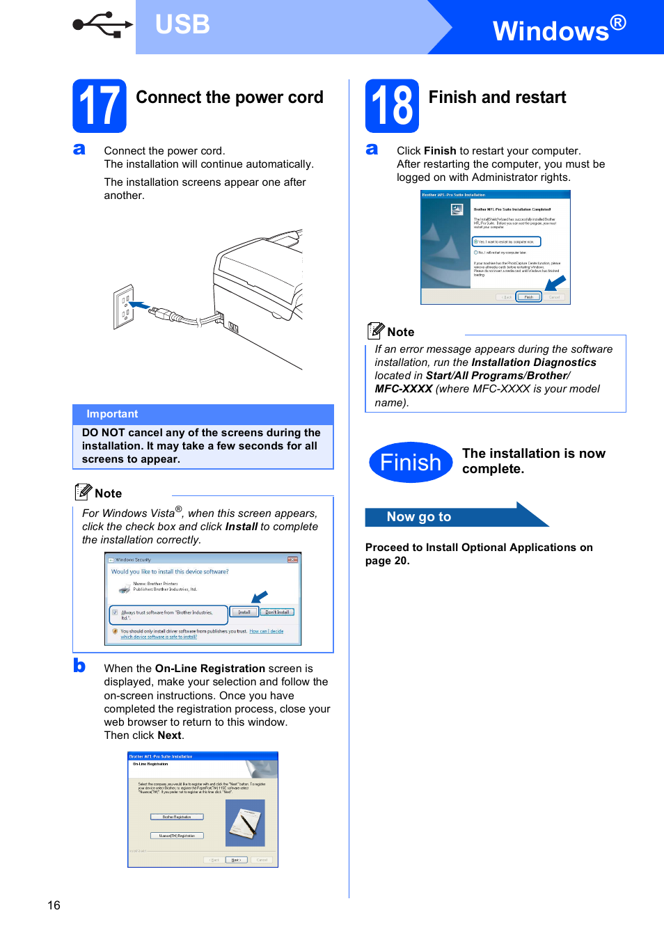 17 connect the power cord, 18 finish and restart, Windows | Finish | Brother MFC-290C User Manual | Page 16 / 22