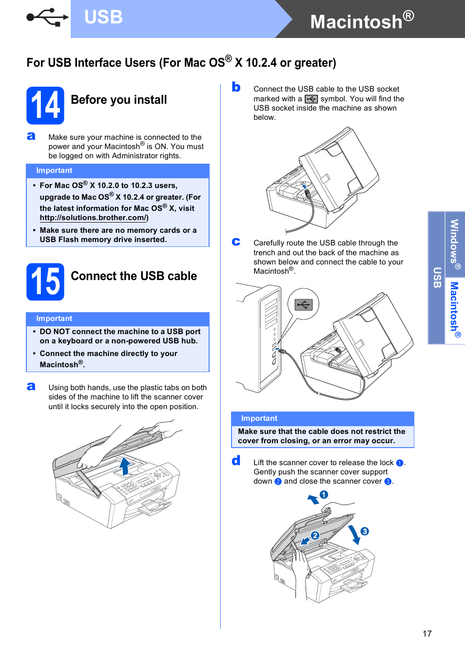 14 before you install, 15 connect the usb cable, Macintosh | For usb interface users (for mac os, X 10.2.4 or greater), Before you install, Connect the usb cable | Brother MFC-290C User Manual | Page 17 / 22