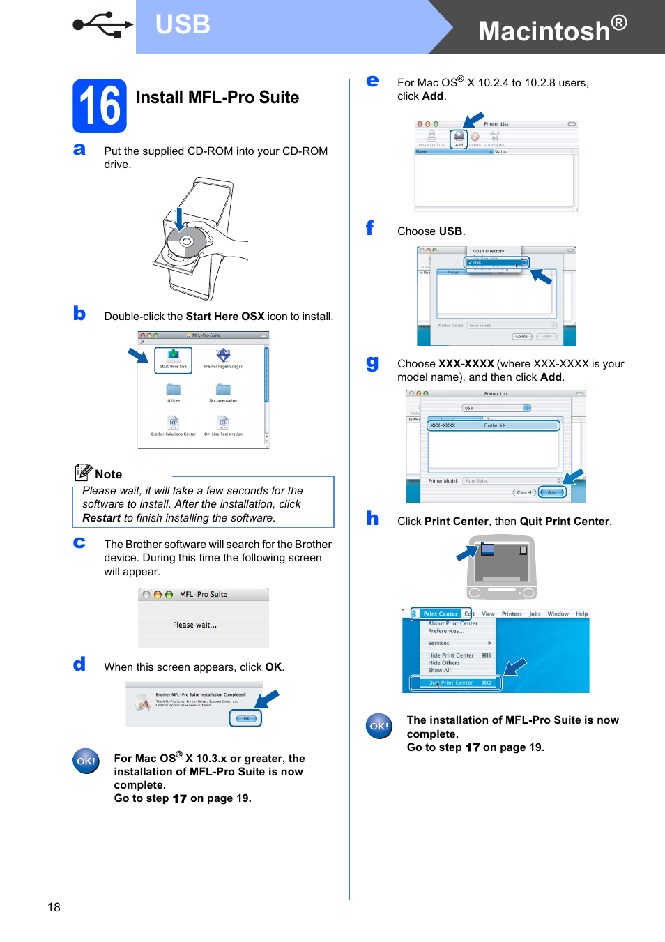 16 install mfl-pro suite, Macintosh | Brother MFC-290C User Manual | Page 18 / 22