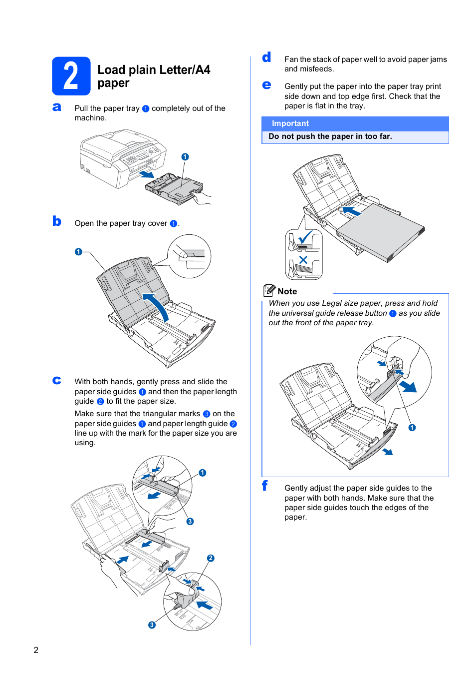 2 load plain letter/a4 paper, Load plain letter/a4 paper | Brother MFC-290C User Manual | Page 2 / 22