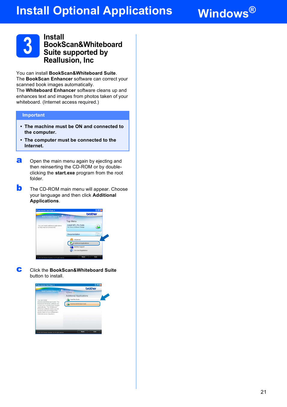 Windows, Install optional applications | Brother MFC-290C User Manual | Page 21 / 22