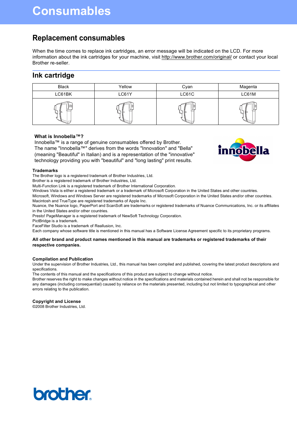 Consumables, Replacement consumables, Ink cartridge | Brother usa/can | Brother MFC-290C User Manual | Page 22 / 22