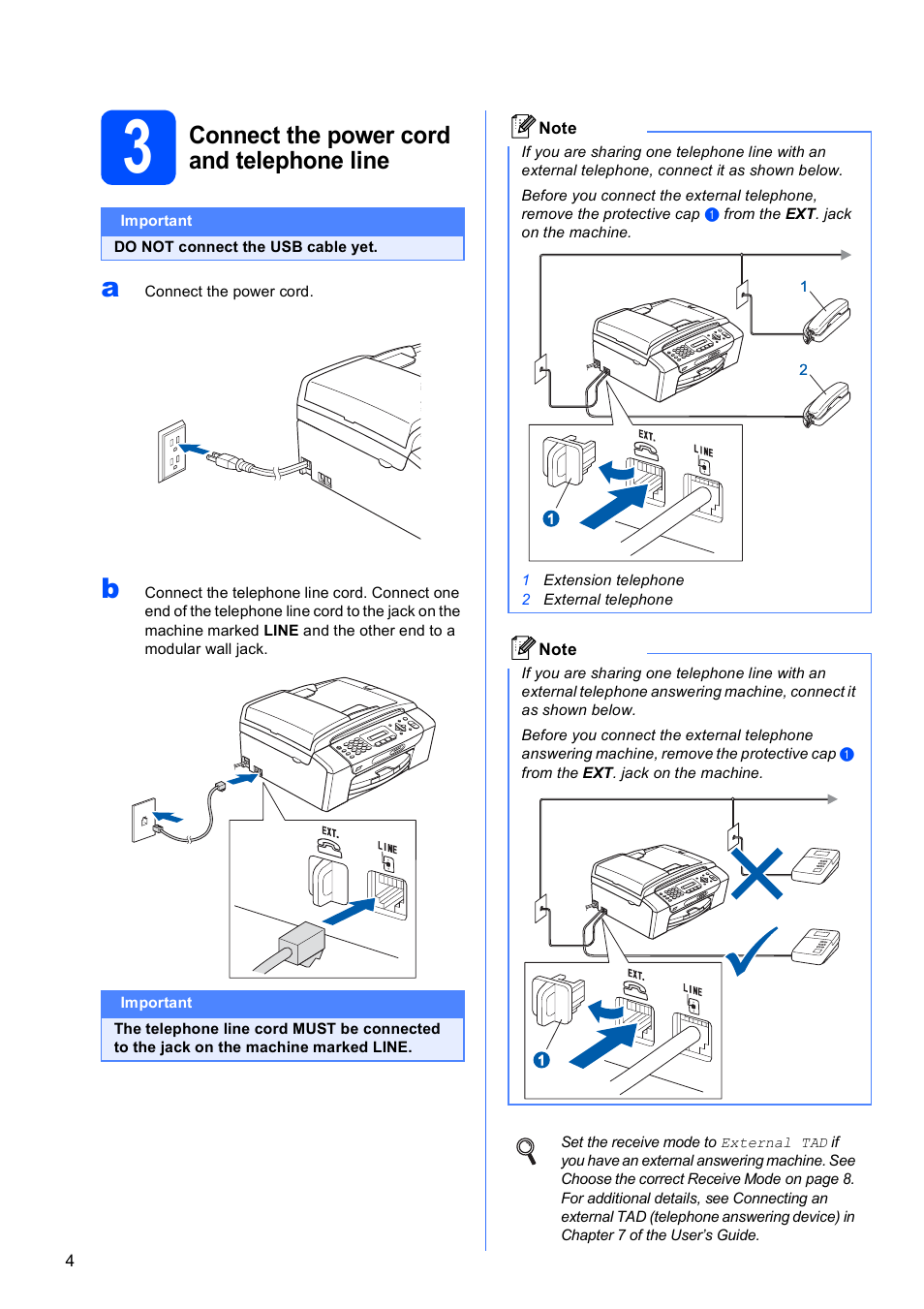 3 connect the power cord and telephone line, Connect the power cord and telephone line | Brother MFC-290C User Manual | Page 4 / 22