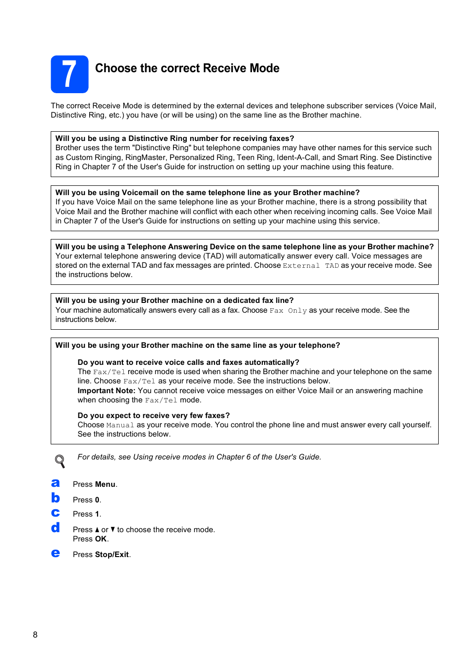 7 choose the correct receive mode, Choose the correct receive mode | Brother MFC-290C User Manual | Page 8 / 22