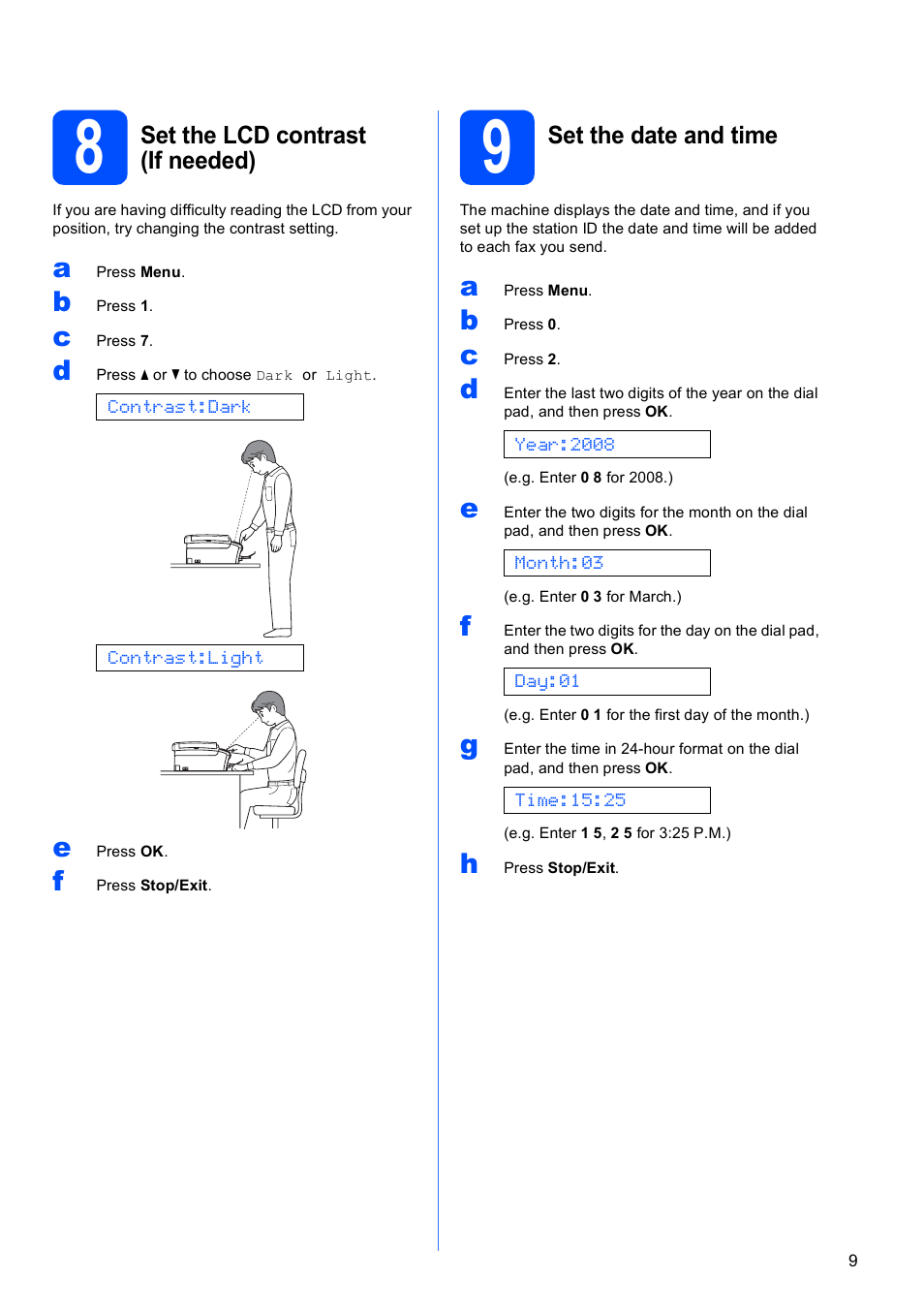 8 set the lcd contrast (if needed), 9 set the date and time | Brother MFC-290C User Manual | Page 9 / 22