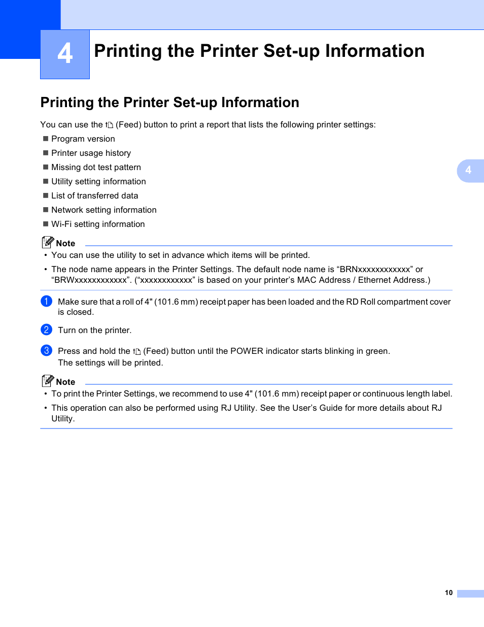 4 printing the printer set-up information, Printing the printer set-up information | Brother RJ-4040 User Manual | Page 14 / 33