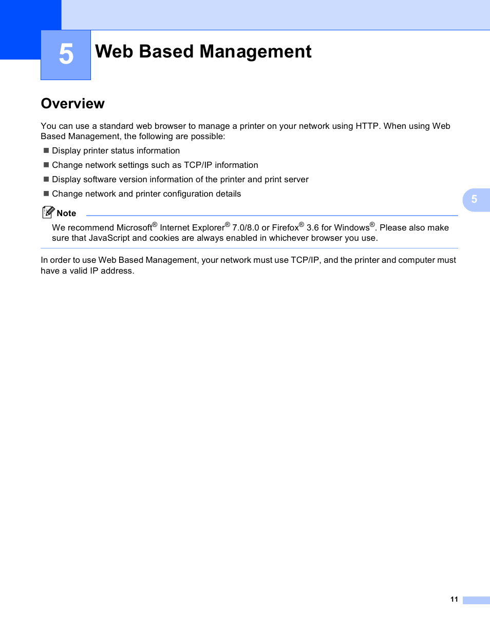 5 web based management, Overview, Web based management | Brother RJ-4040 User Manual | Page 15 / 33
