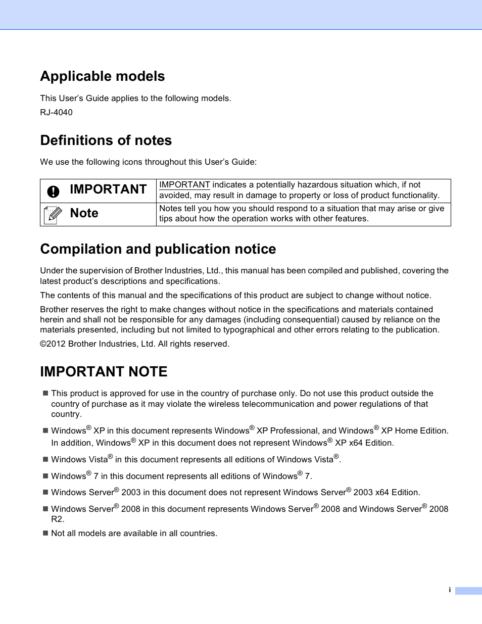 Applicable models, Definitions of notes, Compilation and publication notice | Important note, Important | Brother RJ-4040 User Manual | Page 2 / 33