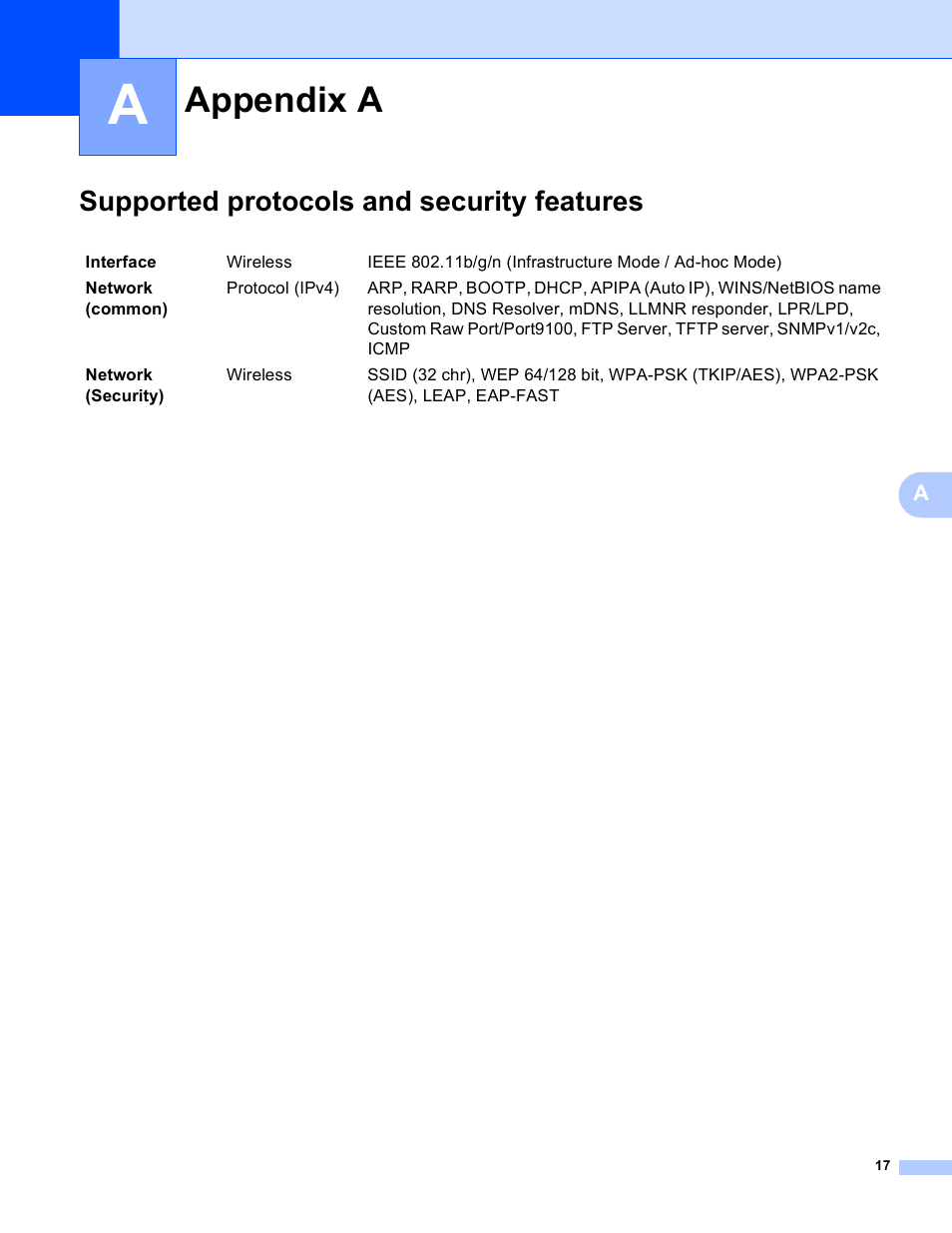 Appendix a, Supported protocols and security features | Brother RJ-4040 User Manual | Page 21 / 33