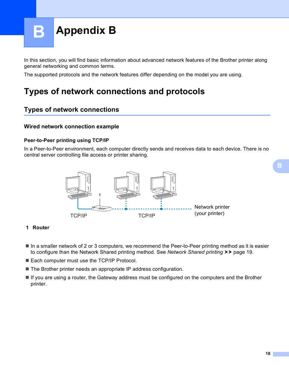 Appendix b, Types of network connections and protocols, Types of network connections | Wired network connection example | Brother RJ-4040 User Manual | Page 22 / 33