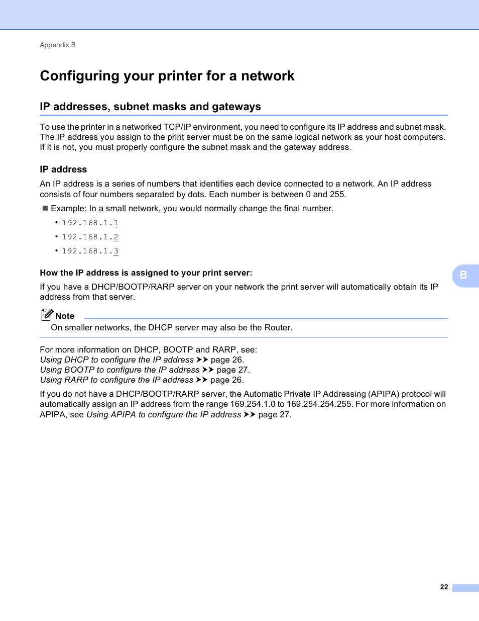 Configuring your printer for a network, Ip addresses, subnet masks and gateways, Ip address | Brother RJ-4040 User Manual | Page 26 / 33
