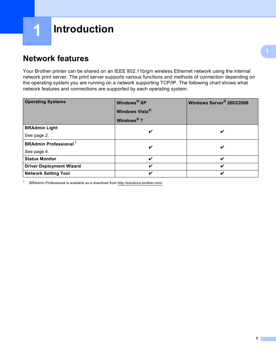 1 introduction, Network features, Introduction | Brother RJ-4040 User Manual | Page 5 / 33