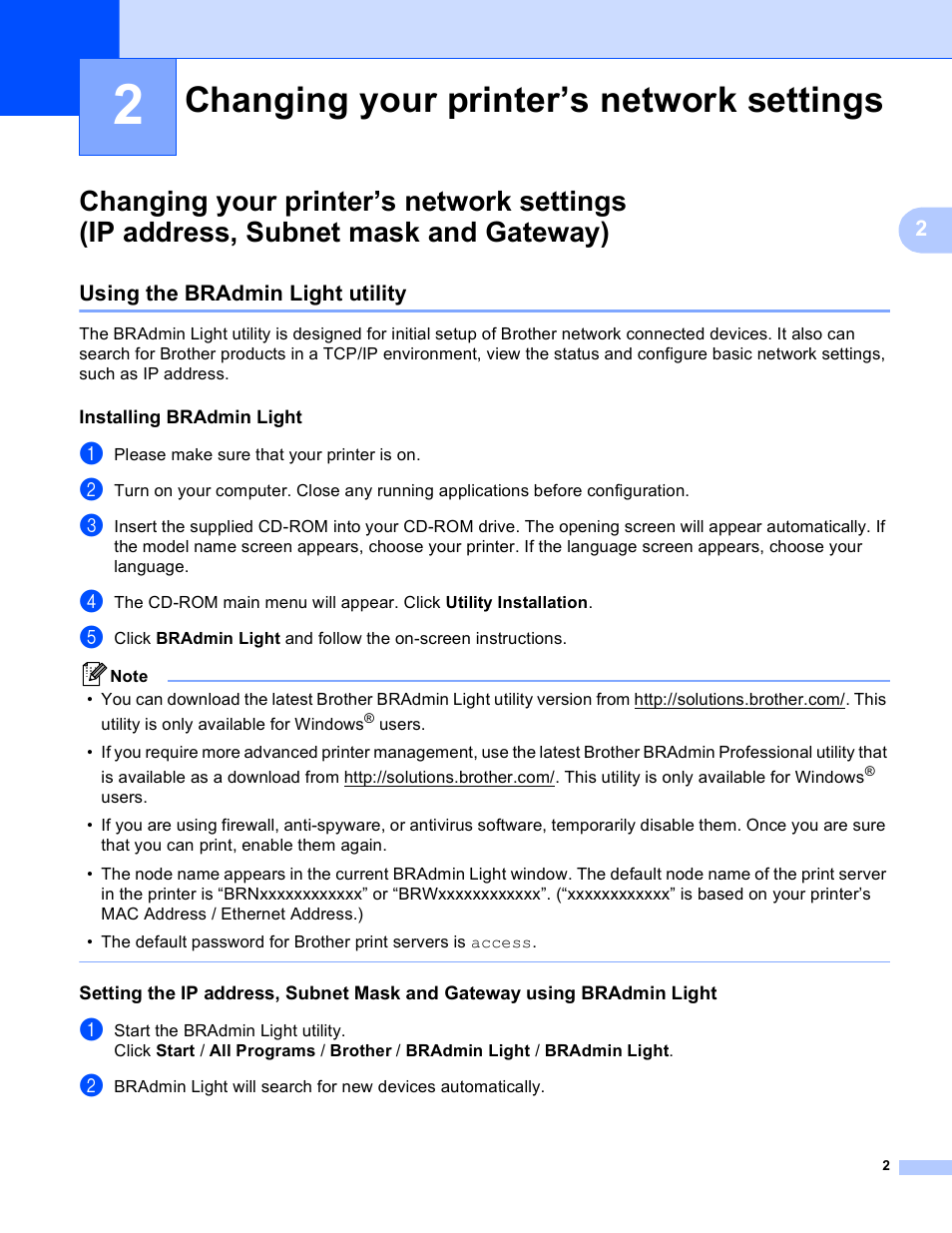 2 changing your printer’s network settings, Using the bradmin light utility, Installing bradmin light | Changing your printer’s network settings | Brother RJ-4040 User Manual | Page 6 / 33