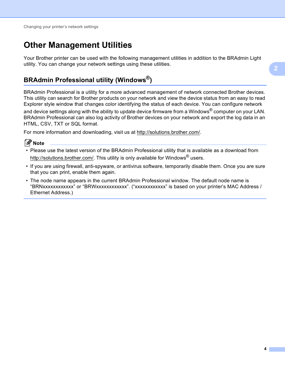 Other management utilities, Bradmin professional utility (windows®), Bradmin professional utility (windows | Brother RJ-4040 User Manual | Page 8 / 33