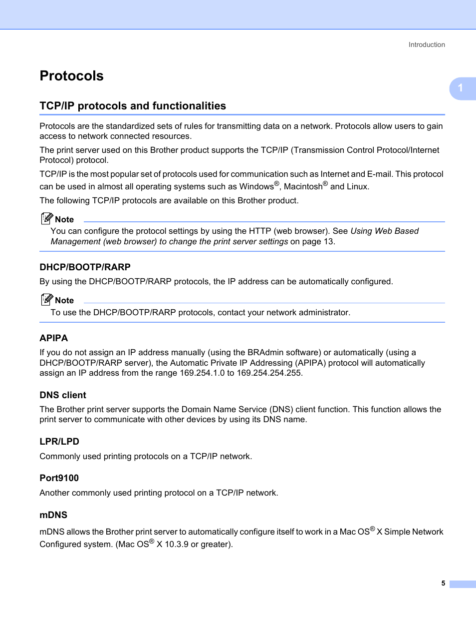 Protocols, Tcp/ip protocols and functionalities, Dhcp/bootp/rarp | Apipa, Dns client, Lpr/lpd, Port9100, Mdns, Macintosh, X simple network configured system. (mac os | Brother PT-9800PCN User Manual | Page 10 / 42