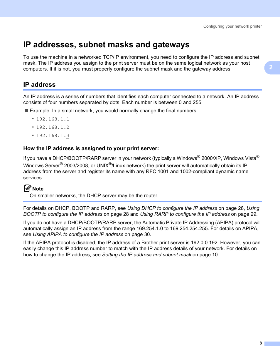 Ip addresses, subnet masks and gateways, Ip address | Brother PT-9800PCN User Manual | Page 13 / 42