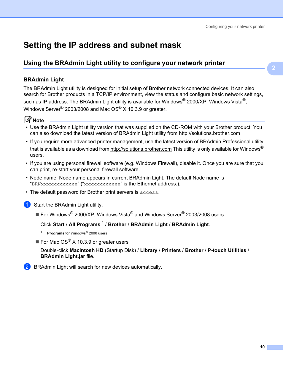 Setting the ip address and subnet mask, Bradmin light | Brother PT-9800PCN User Manual | Page 15 / 42