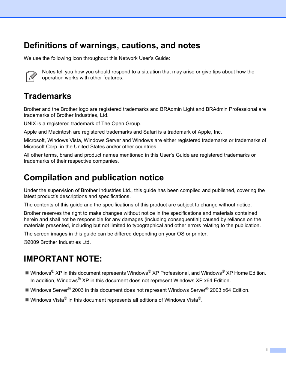 Definitions of warnings, cautions, and notes, Trademarks, Compilation and publication notice | Important note | Brother PT-9800PCN User Manual | Page 2 / 42