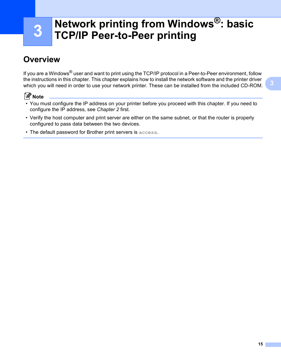 Overview, Network printing from windows, Basic tcp/ip peer-to-peer printing | Brother PT-9800PCN User Manual | Page 20 / 42