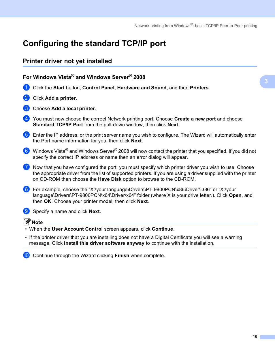 Configuring the standard tcp/ip port, Printer driver not yet installed, For windows vista | Brother PT-9800PCN User Manual | Page 21 / 42