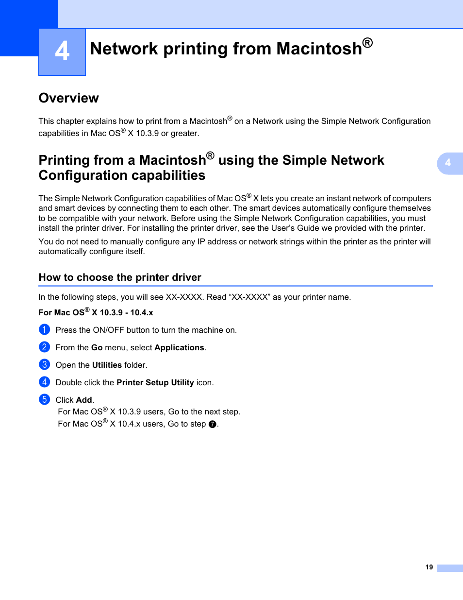 4 network printing from macintosh, Overview, How to choose the printer driver | Network printing from macintosh, Overview printing from a macintosh, Printing from a macintosh | Brother PT-9800PCN User Manual | Page 24 / 42