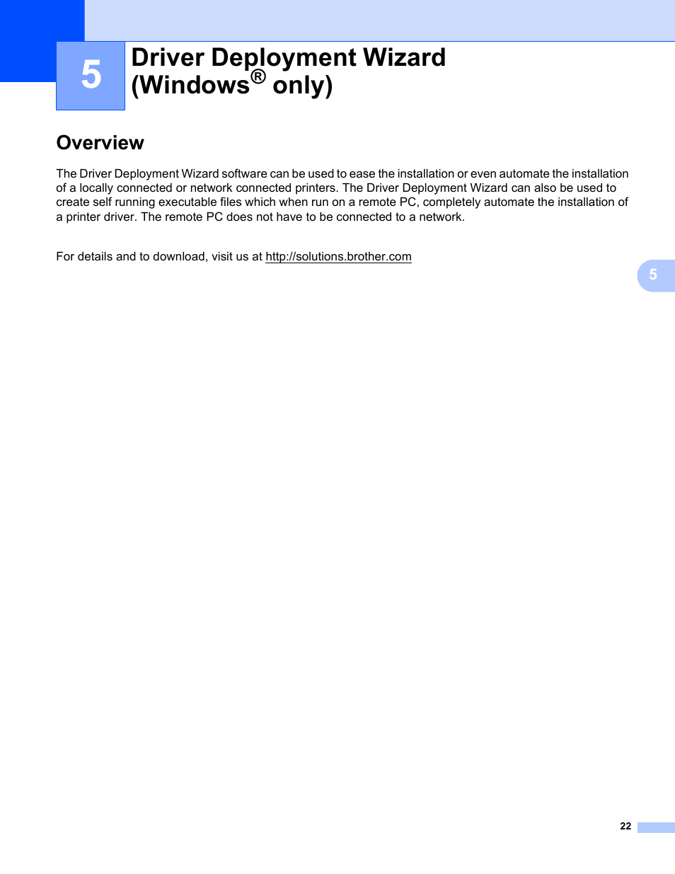 5 driver deployment wizard (windows® only), Overview, Driver deployment wizard (windows | Only) | Brother PT-9800PCN User Manual | Page 27 / 42