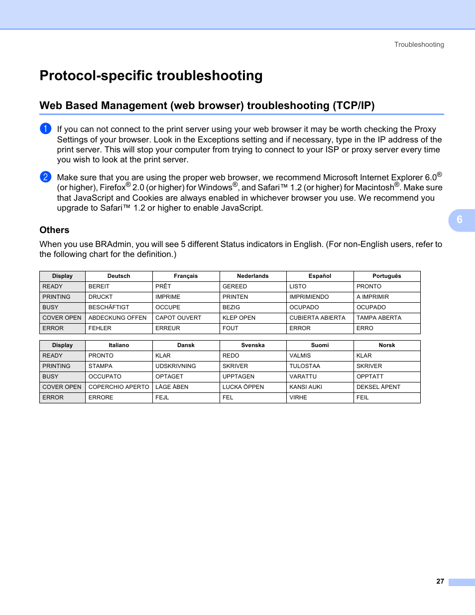 Protocol-specific troubleshooting, Others, Or higher), firefox | 0 (or higher) for windows, And safari™ 1.2 (or higher) for macintosh | Brother PT-9800PCN User Manual | Page 32 / 42