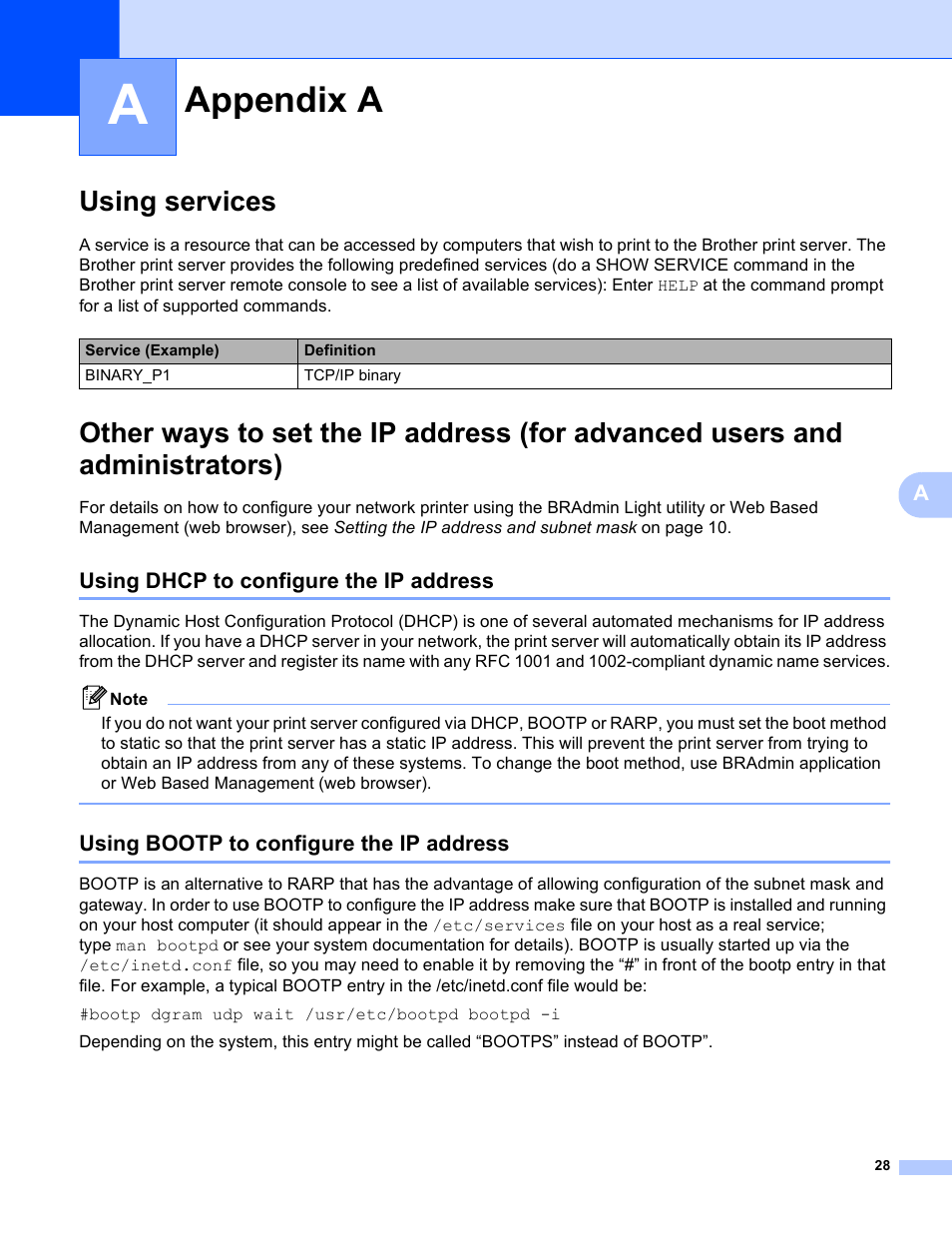 Appendix a, Using services, Using dhcp to configure the ip address | Using bootp to configure the ip address | Brother PT-9800PCN User Manual | Page 33 / 42