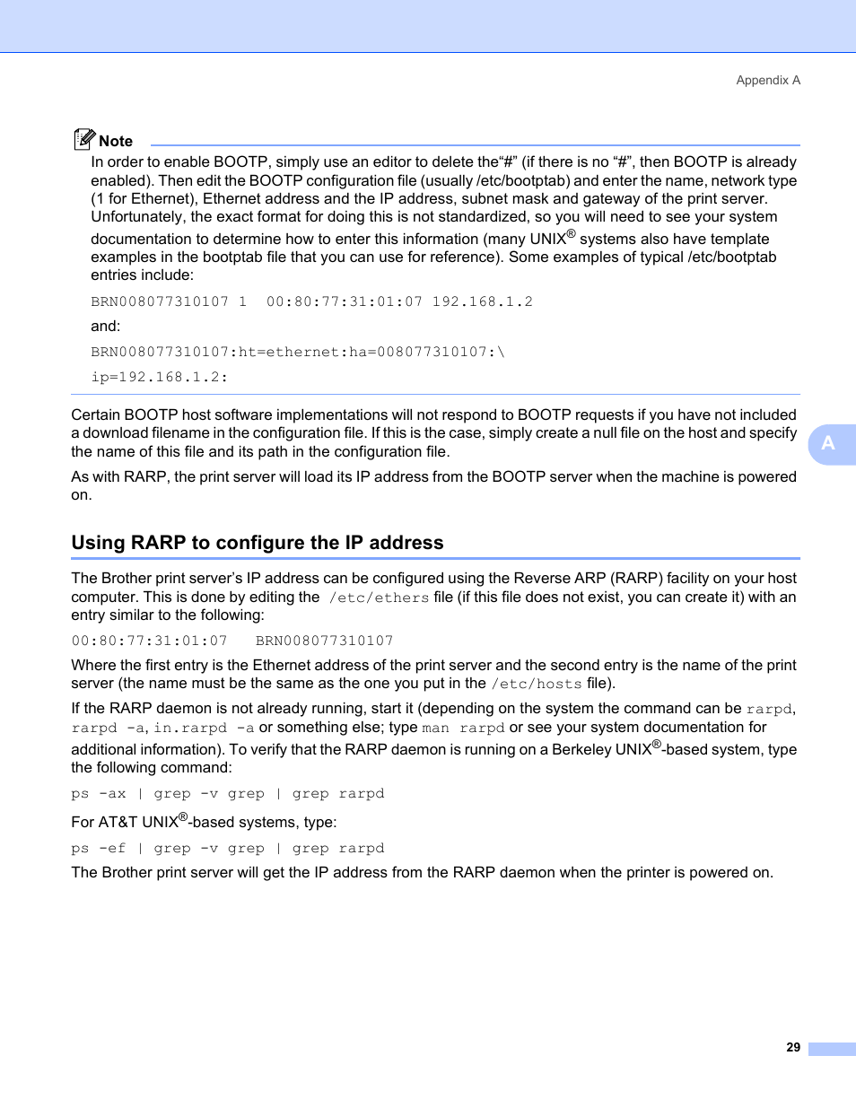 Using rarp to configure the ip address | Brother PT-9800PCN User Manual | Page 34 / 42