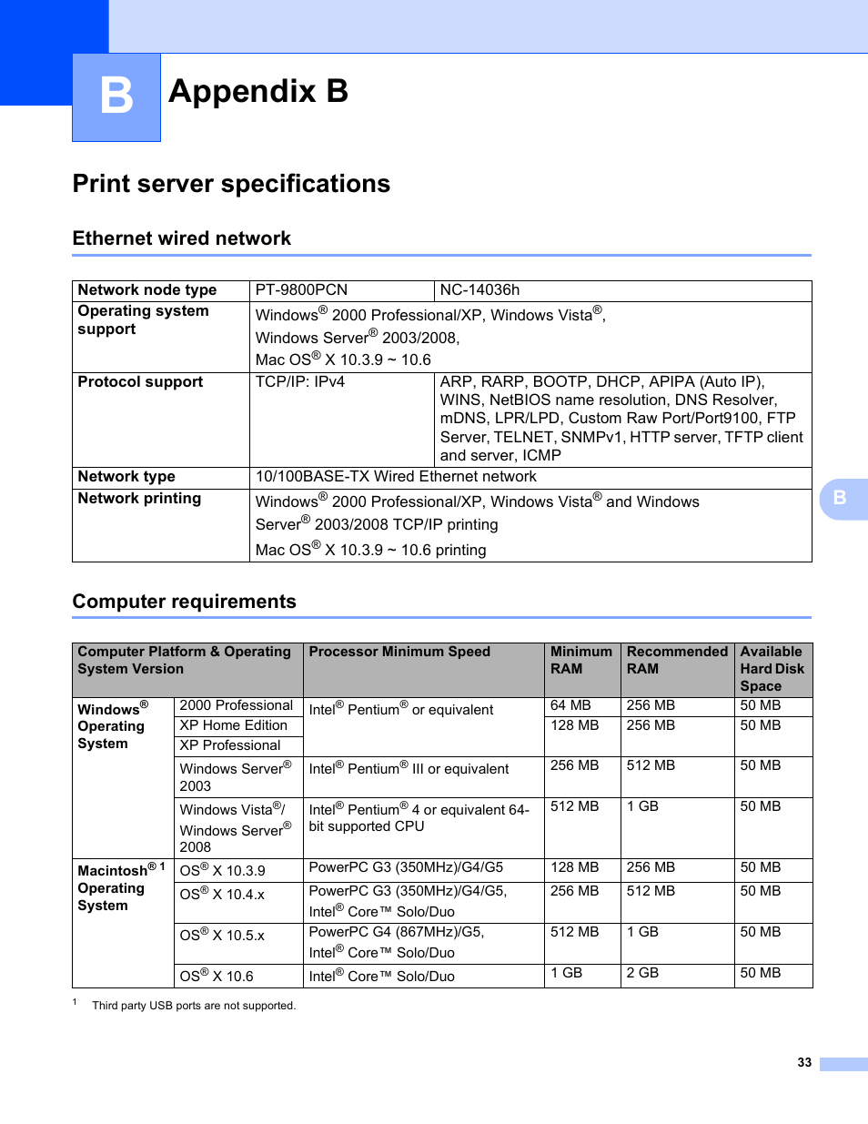 Appendix b, Print server specifications, Ethernet wired network | Computer requirements, Ethernet wired network computer requirements | Brother PT-9800PCN User Manual | Page 38 / 42