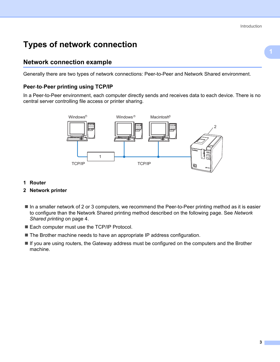 Types of network connection, Network connection example, Peer-to-peer printing using tcp/ip | Peer, Peer printing using tcp/ip | Brother PT-9800PCN User Manual | Page 8 / 42