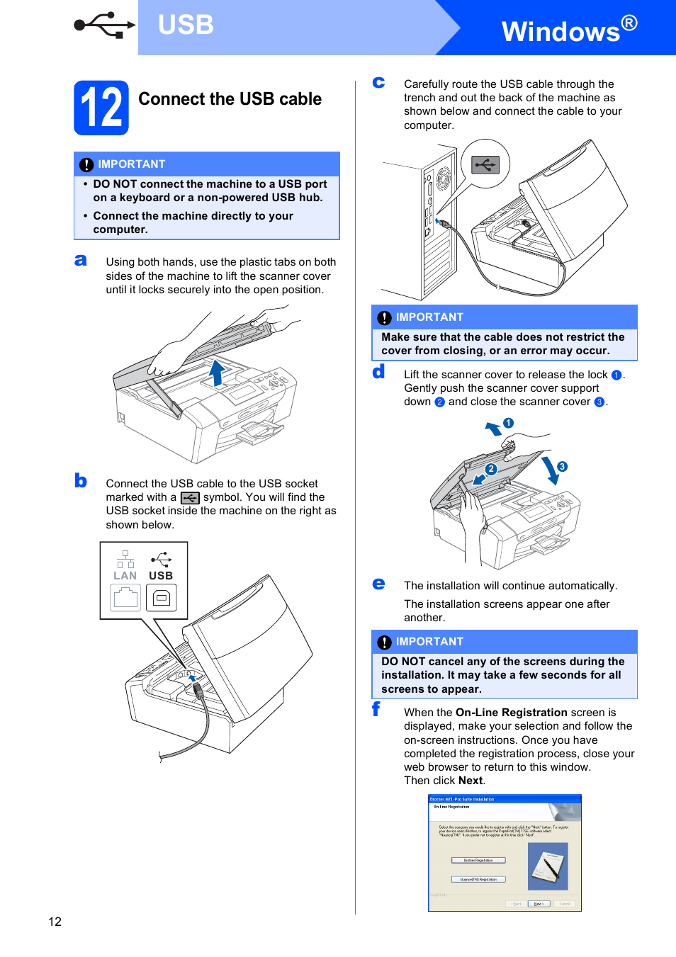 12 connect the usb cable, Windows, Connect the usb cable | Brother DCP-395CN User Manual | Page 12 / 28