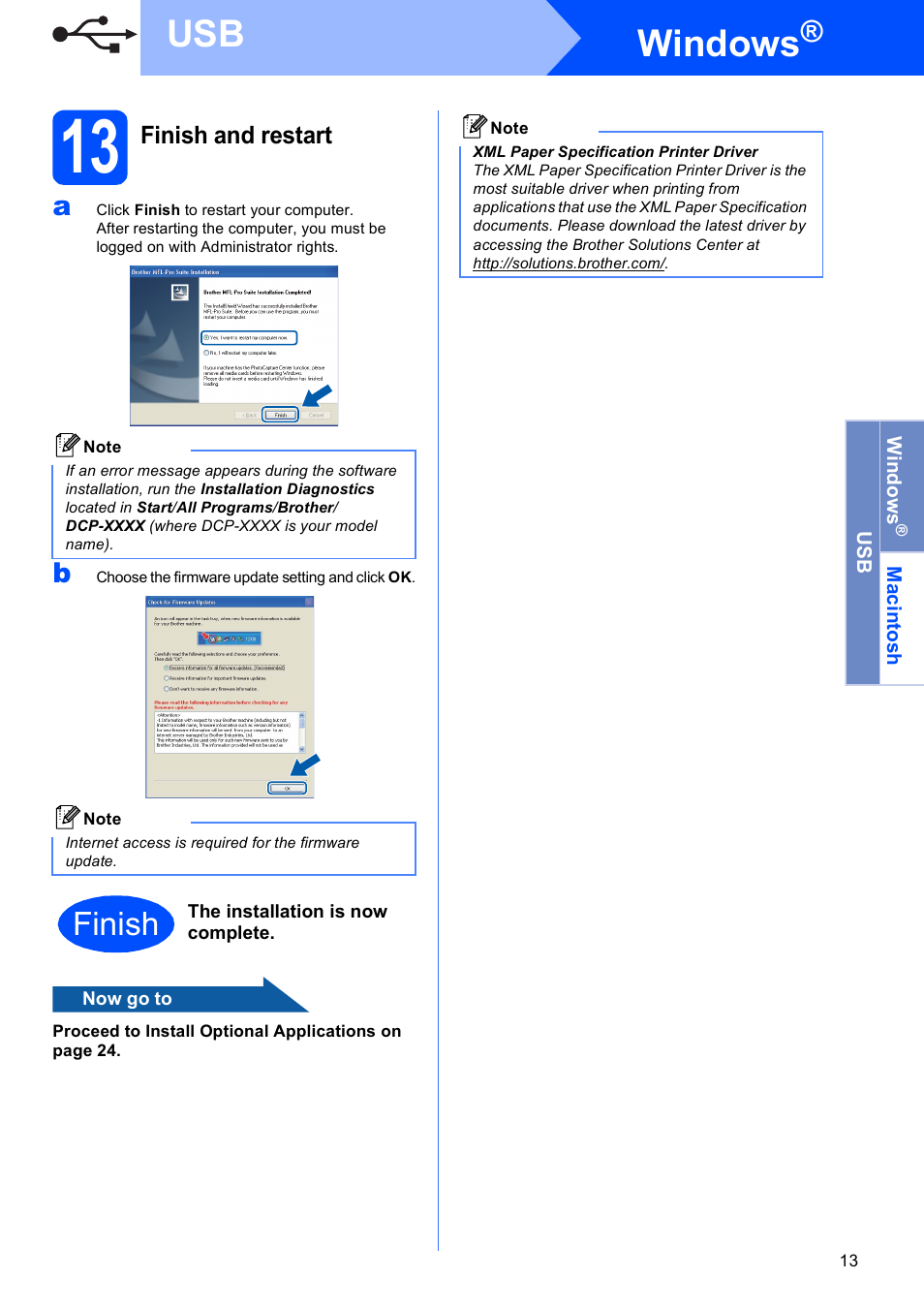 13 finish and restart, Windows, Finish | Brother DCP-395CN User Manual | Page 13 / 28