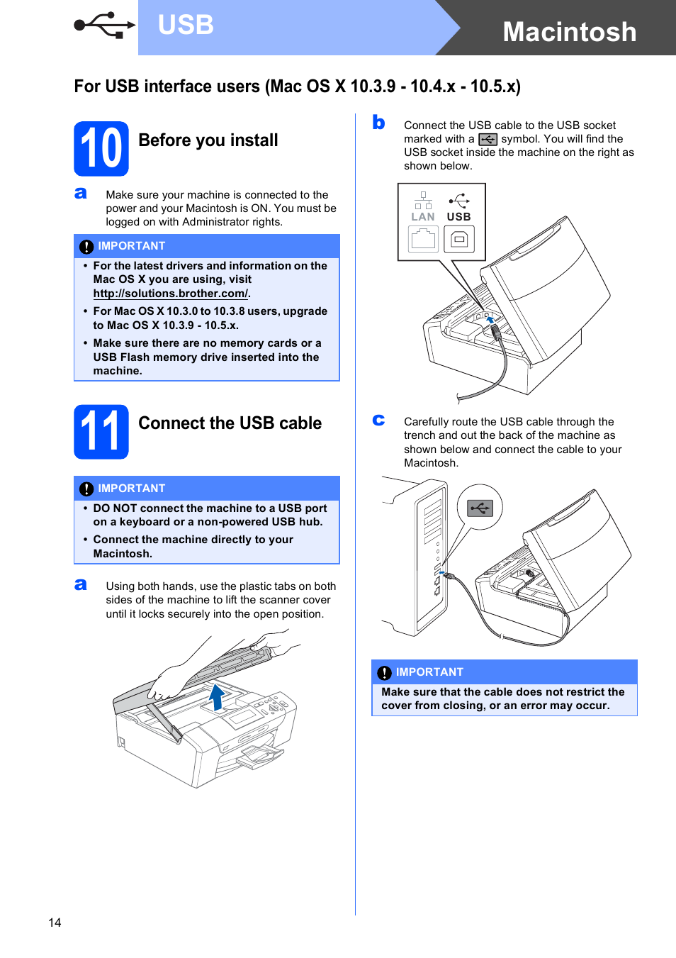 10 before you install, 11 connect the usb cable, Macintosh usb | Brother DCP-395CN User Manual | Page 14 / 28