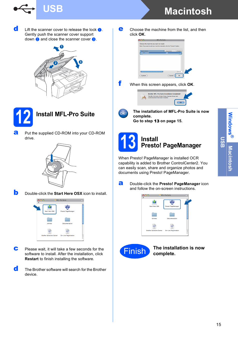 12 install mfl-pro suite, Macintosh usb, Finish | Brother DCP-395CN User Manual | Page 15 / 28