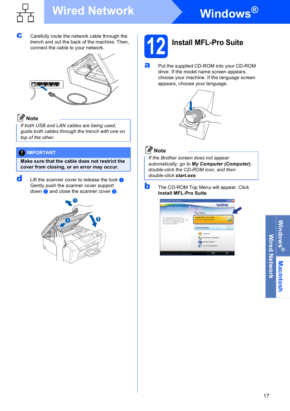 12 install mfl-pro suite, Windows, Wired network | Install mfl-pro suite | Brother DCP-395CN User Manual | Page 17 / 28